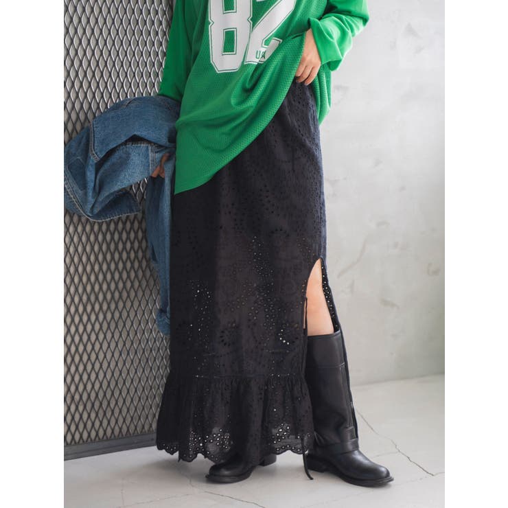 ブラック | カットワークレースコンビスカート | Ungrid