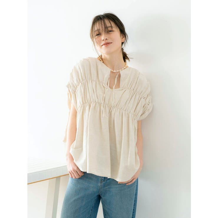 リネン混ギャザーノースリブラウス | Ungrid | 詳細画像3 