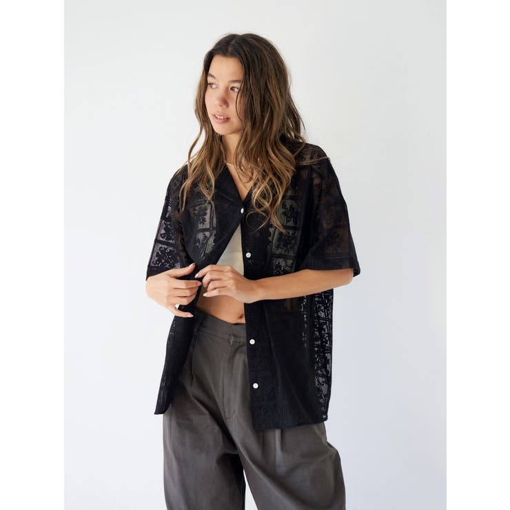 ブラック | レース開襟ハーフスリーブシャツ | Ungrid