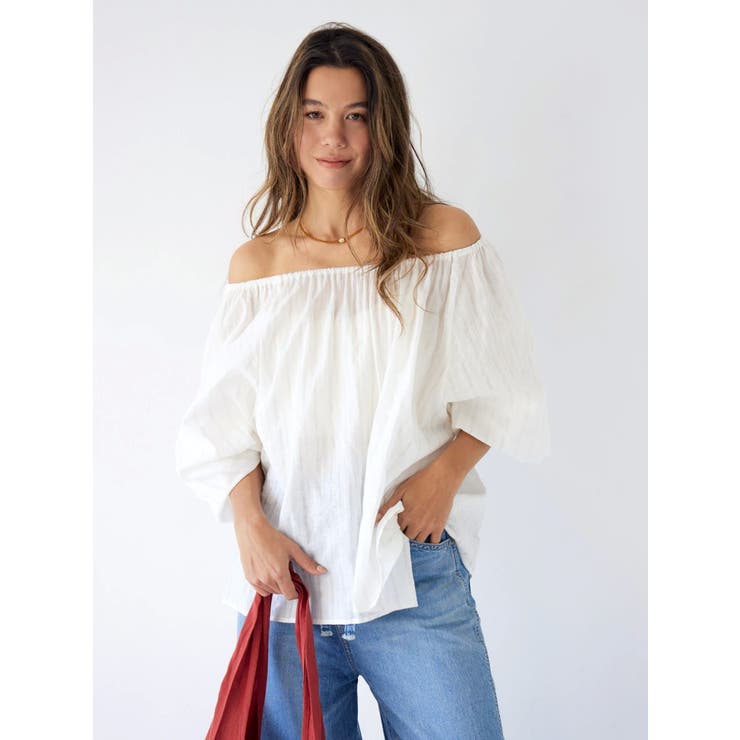 オフホワイト | オフショルラメドビーハーフスリーブブラウス | Ungrid