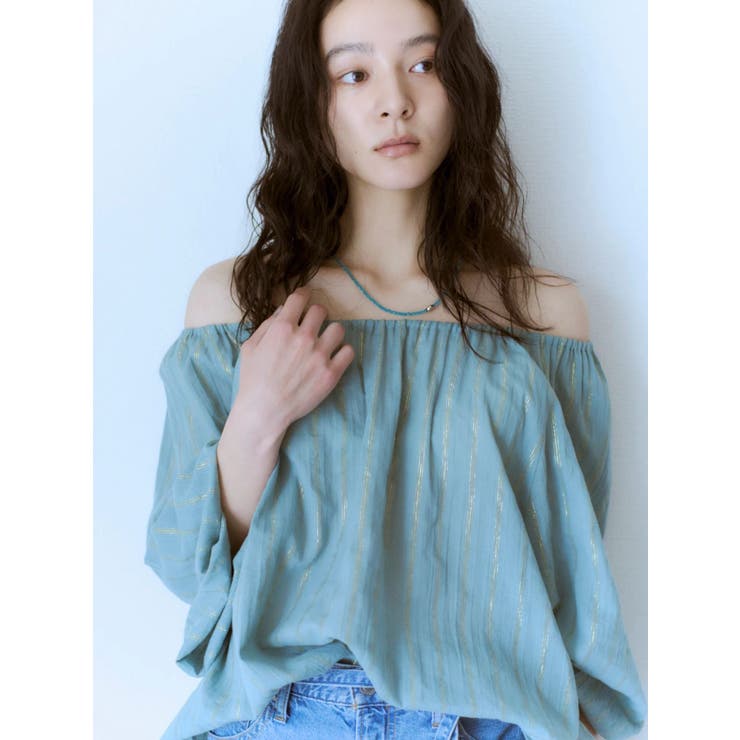 グリーン | オフショルラメドビーハーフスリーブブラウス | Ungrid