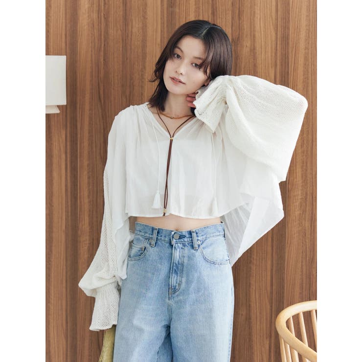 オフホワイト | メッシュコンビショートブラウス | Ungrid