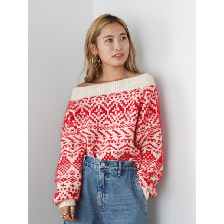 レッド | 【WEB限定】オフショルジャカードニット | Ungrid