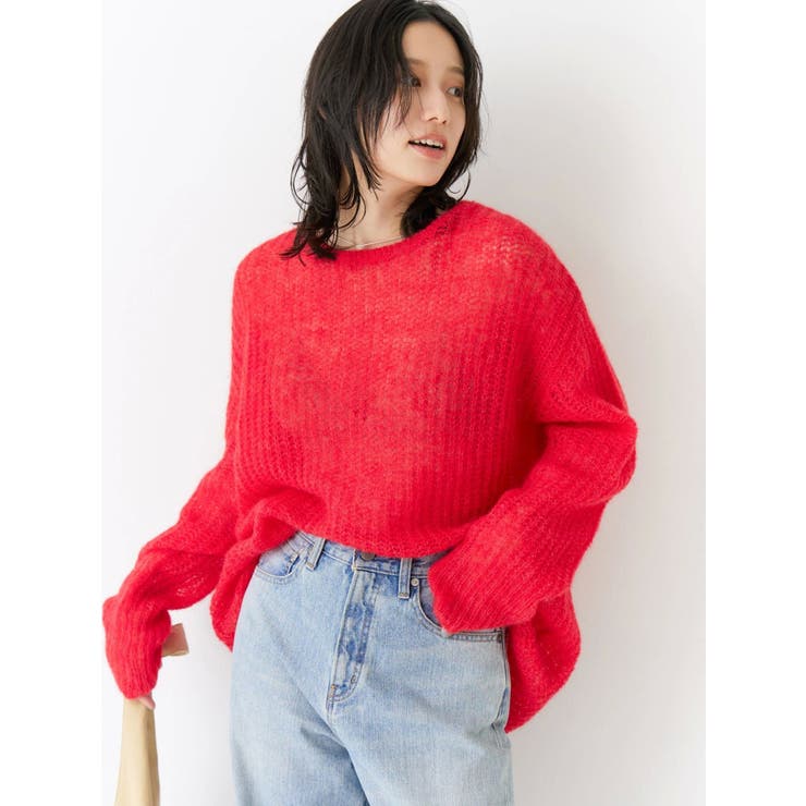 レッド | アルパカ混透かし編みニット | Ungrid