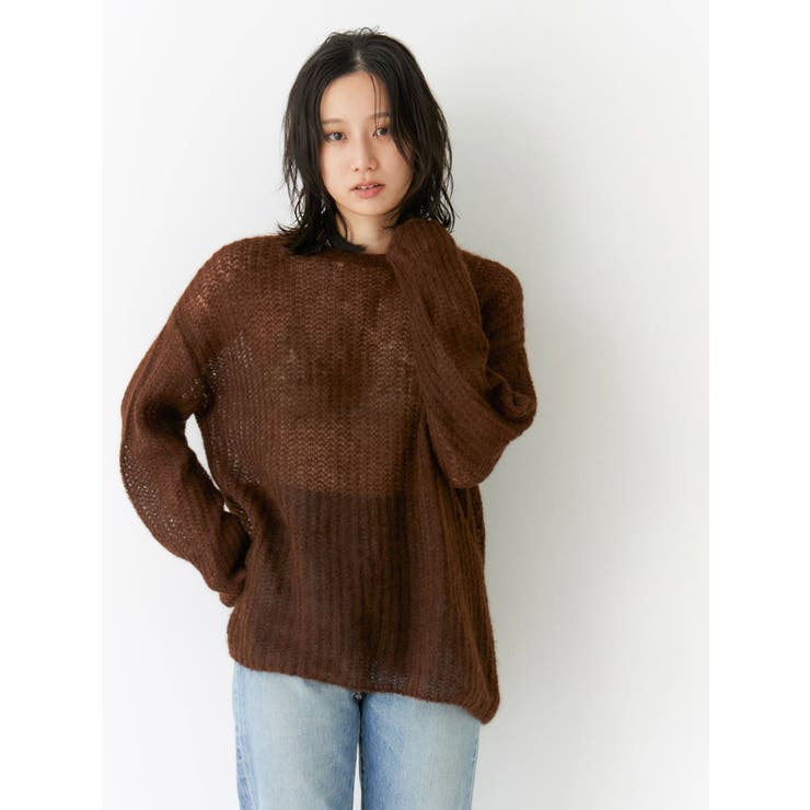 ブラウン | アルパカ混透かし編みニット | Ungrid