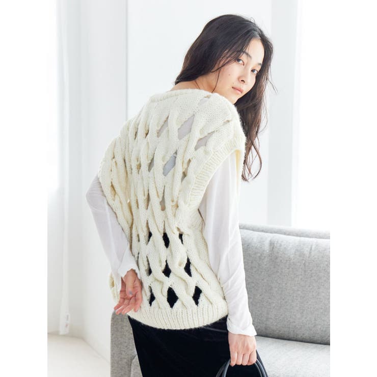 透かし編みデザインハンドニットベスト | Ungrid | 詳細画像14 