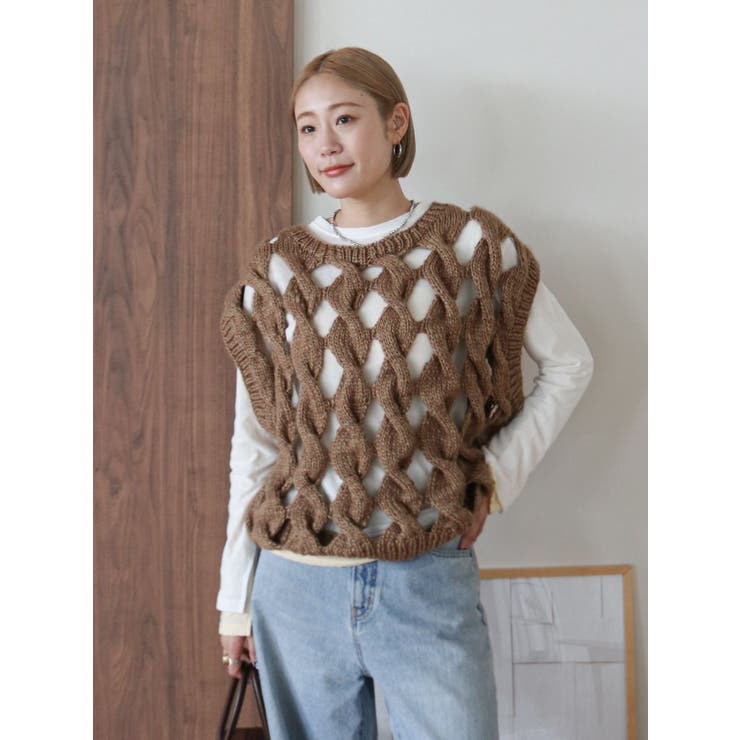 透かし編みデザインハンドニットベスト | Ungrid | 詳細画像21 