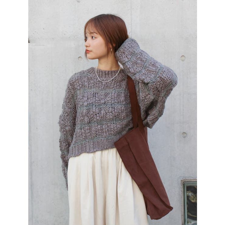 チャコールグレー | 透かし編みデザインショートニット | Ungrid