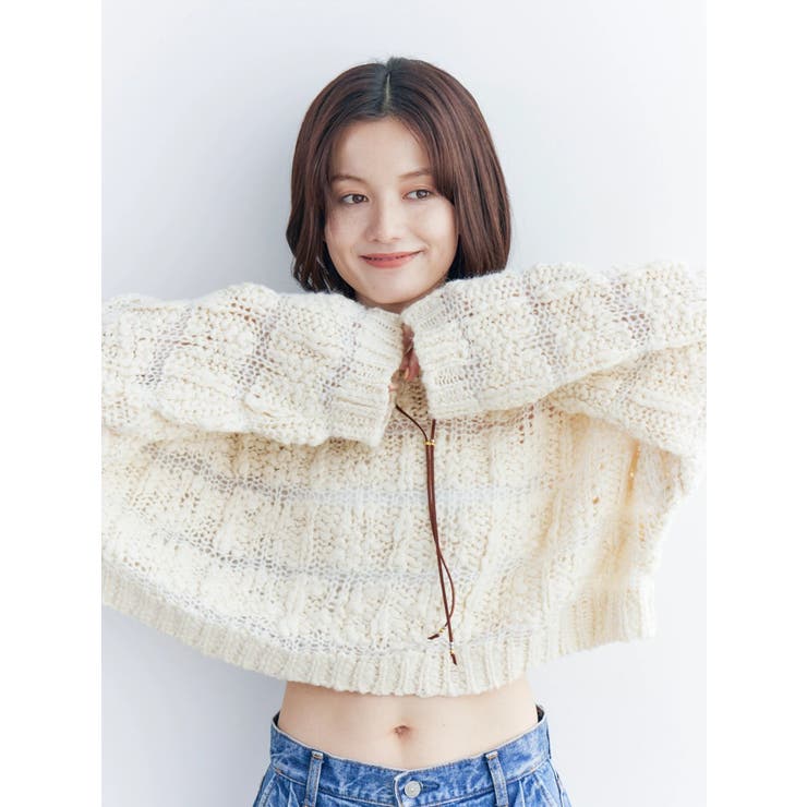 ベージュ | 透かし編みデザインショートニット | Ungrid