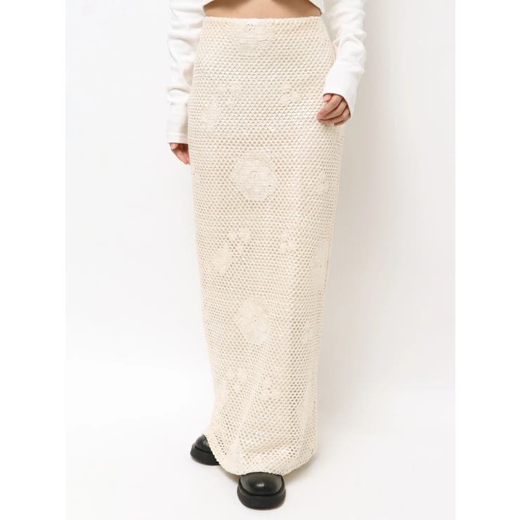 オフホワイト | 透かし編みスパンコールレイヤードスカート | Ungrid