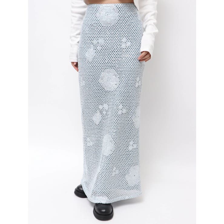 ブルー | 透かし編みスパンコールレイヤードスカート | Ungrid