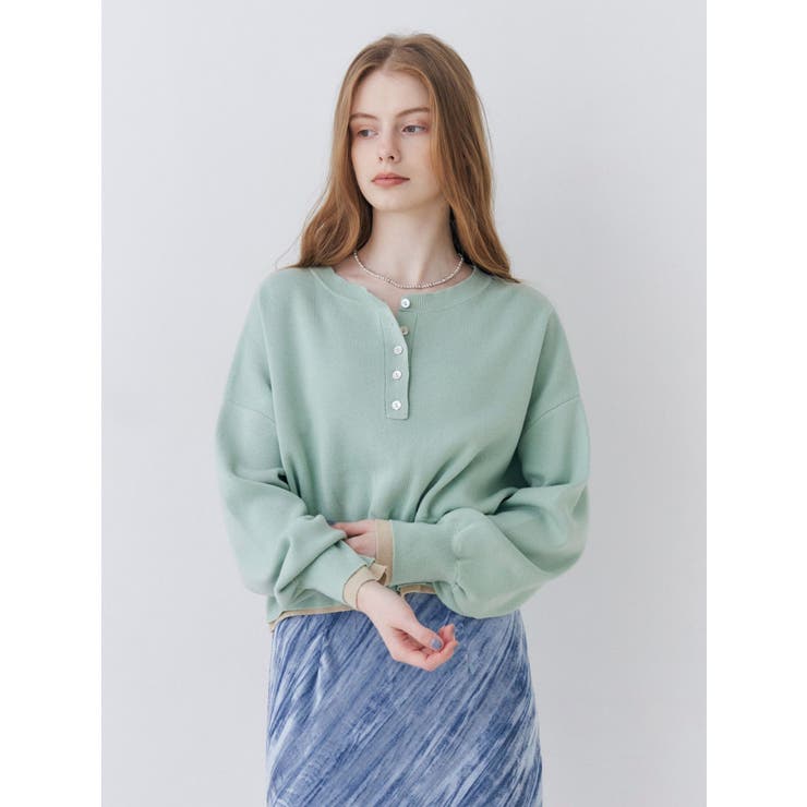 ヘンリーネックバイカラーコットン混ニット | Ungrid | 詳細画像2 