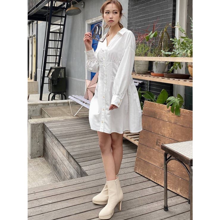 リゼクシー オープンカラーコルセットシャツワンピース ホワイト 秋冬  