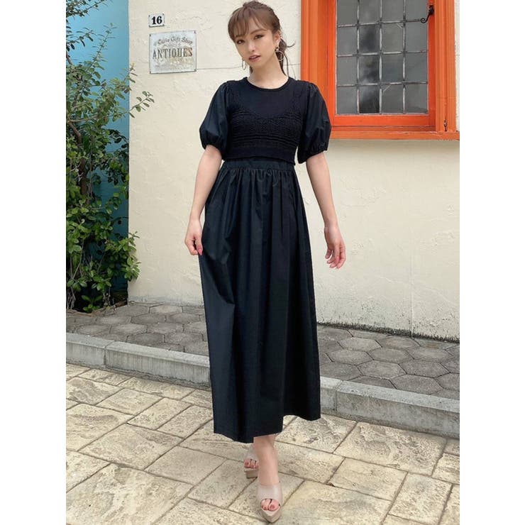 （値下げ）MAISON SPECIAL ニットフレアビスチェ　黒 ムースタッチライト＞ビスチェ風チュールドッキングニット