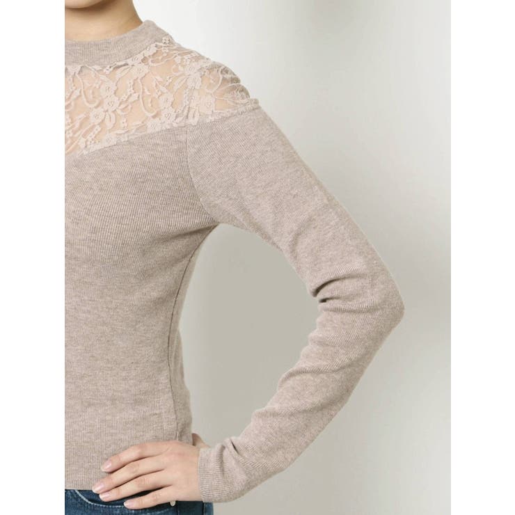 【SALE】【Desert Rose】デコルテメッシュ切替リブニット▼BDKT-62 デコルテ切り替えレースニットトップス[品番：MKSW0041069