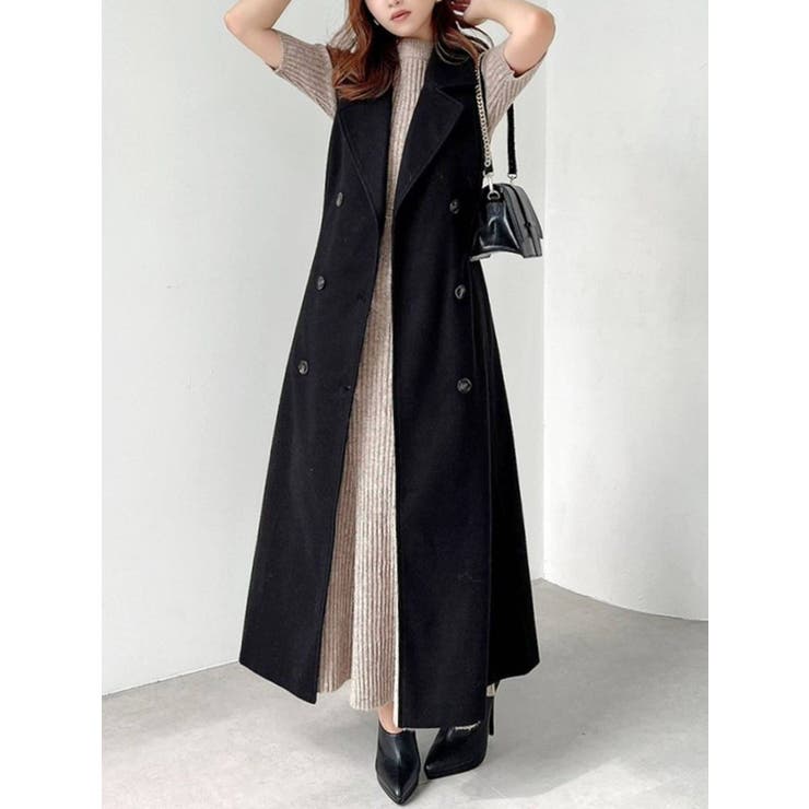 お洒落ロングベスト●シンプルで上品●クール●黒新品2XL セール】 【洗える】コンパクトウール ロングベスト （ベスト）｜23区