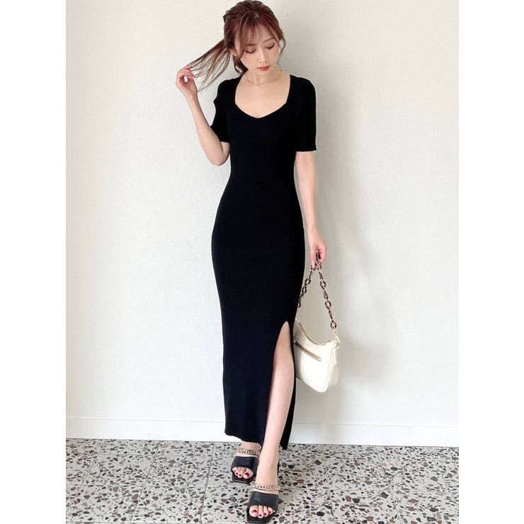 ハートネックタイトニットワンピース[品番：MKSW0045338