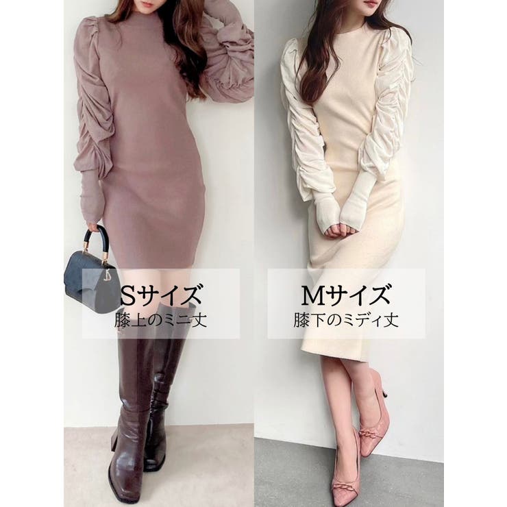 スリーブギャザータイトニットワンピース[品番:MKSW0048429 スリーブギャザータイトニットワンピース[品番:MKSW0048429