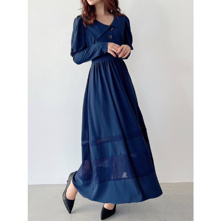 ネイビー | アシメカラー切替フレアワンピース | RESEXXY