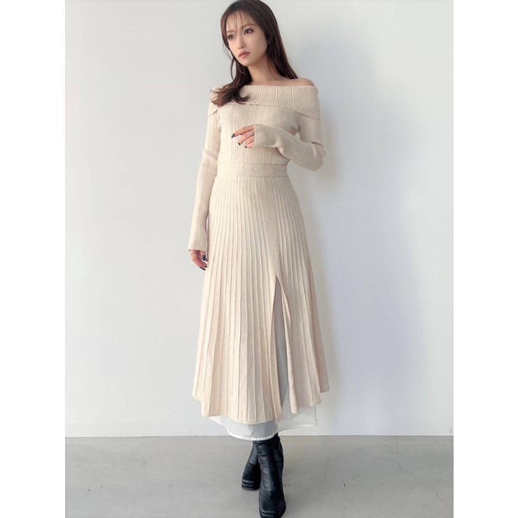 resil ワンピース オフショルプリーツ切替ニットワンピース[品番：MKSW0048375