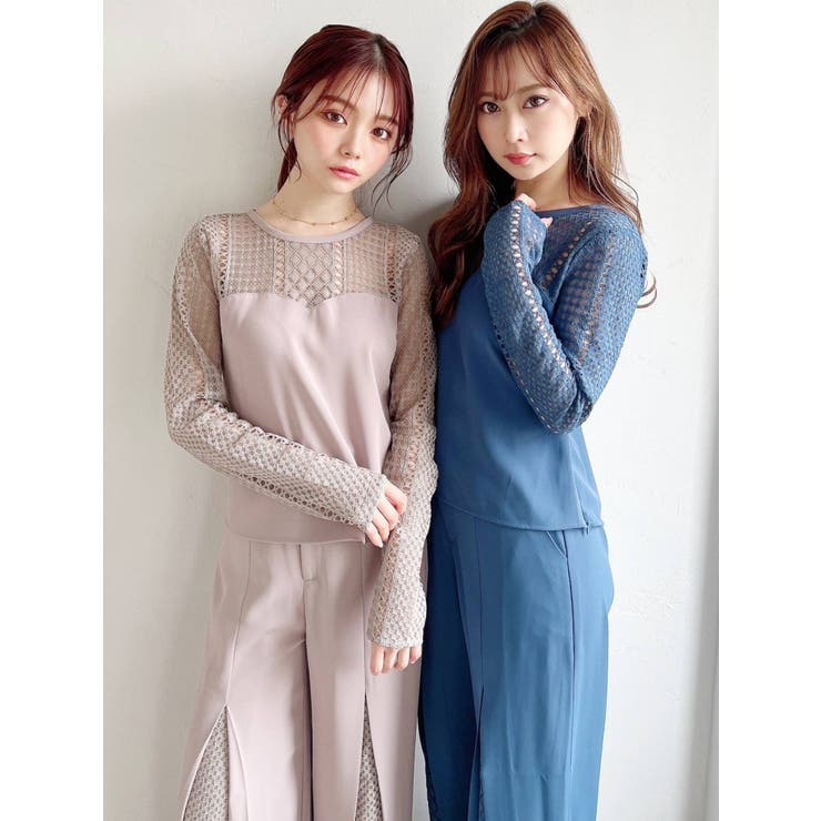 【未使用タグ付き】トップス｜セット着用可 白クリーム系 レース切り替えトップス【セットアップ着用可能】[品番