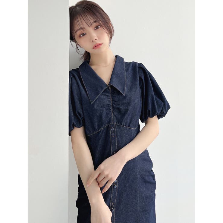 大人かわいい【Merlette】優雅なギャザー☆デニム ワンピース デニムギャザーシャツワンピース 【メール便対応不可