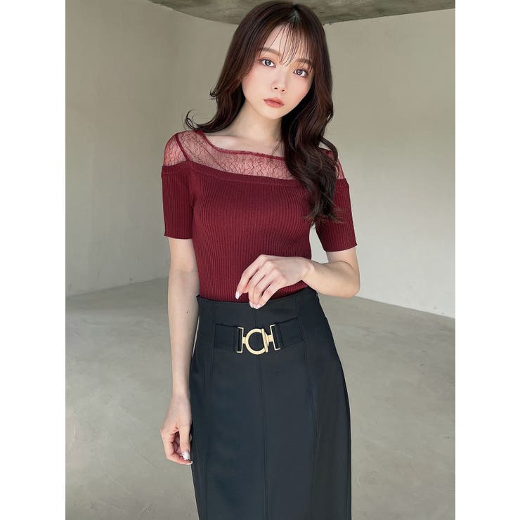 MORGAN DE TOI フェミニンなストレッチレッドVネックトップス ♪ Vネック ニット トップス レディース[品番：AGCW0000247