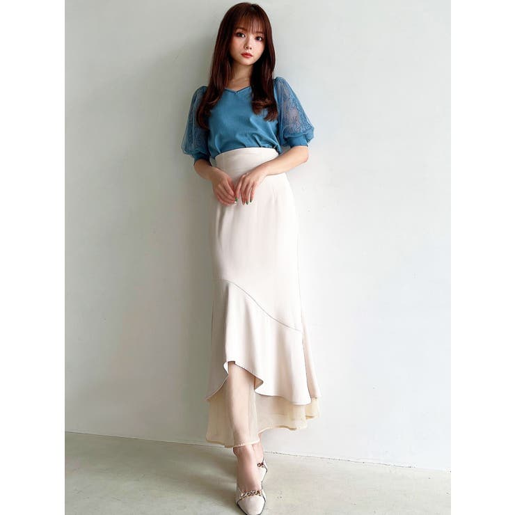 Vネックレースドッキングニットトップス[品番：MKSW0052058