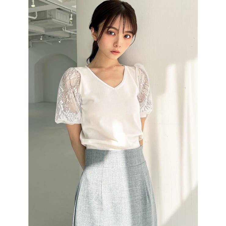Vネックレースドッキングニットトップス[品番：MKSW0052058