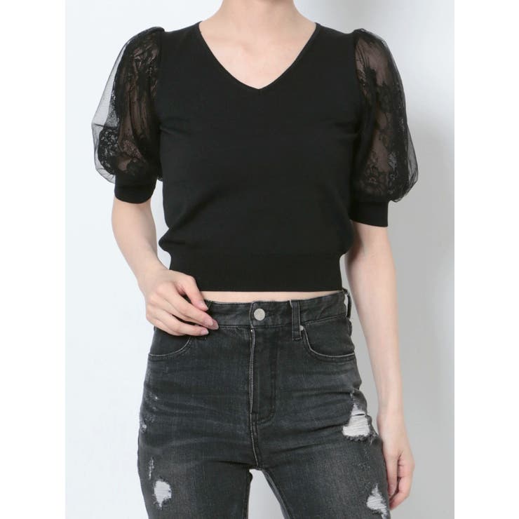 Vネックレースドッキングニットトップス[品番：MKSW0052058
