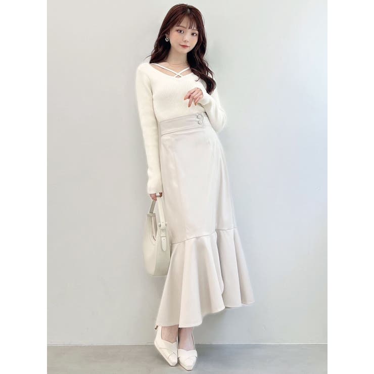 フェイクレザー ロング スカート マーメイド スリット rienda フェイクレザーマーメイドヘムJ／W SK GRN -ファッション