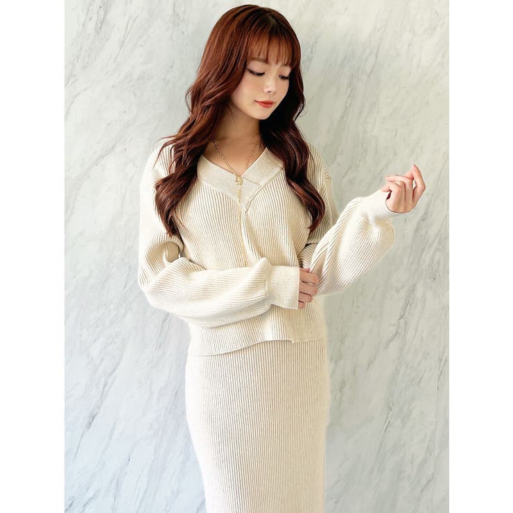 Vネックリブニットトップス【セットアップ着用可能】[品番