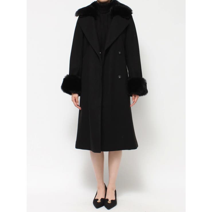 ★【セマンティックデザイン】光沢感ある黒 ファー付きトレンチコート ベルト付き★ ze783_v12.jpg