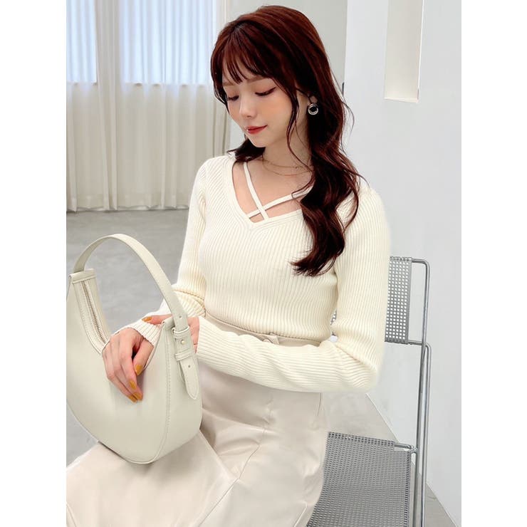 新品 クロス カット リブ ニット 白 リフ Riff 半袖リブニット クロスデザイン カシュクール Vネック リブ