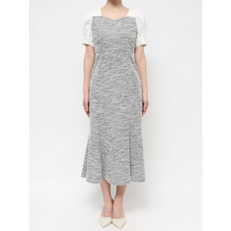 美品 シトラスノーツ ツイード ドッキング ワンピース 大きいサイズ XL 美品】UNTITLED ニットツィード ドッキングワンピース黒 XL