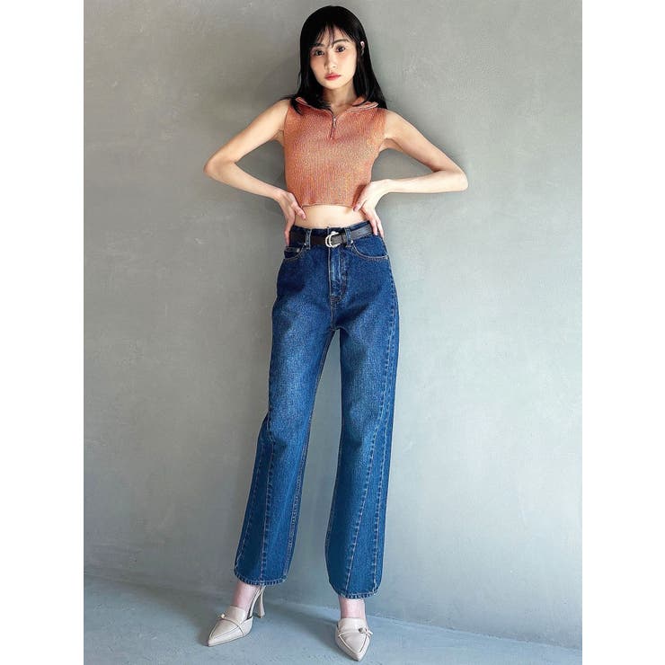 ハーフZIPシャイニーニットトップス[品番：MKSW0057985