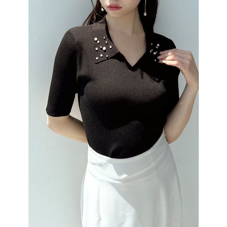 ★美品★ Rene ★ビジュー 半袖 ニット トップス★34★水色 セール】ビジューノースリニットトップス（ニット/セーター
