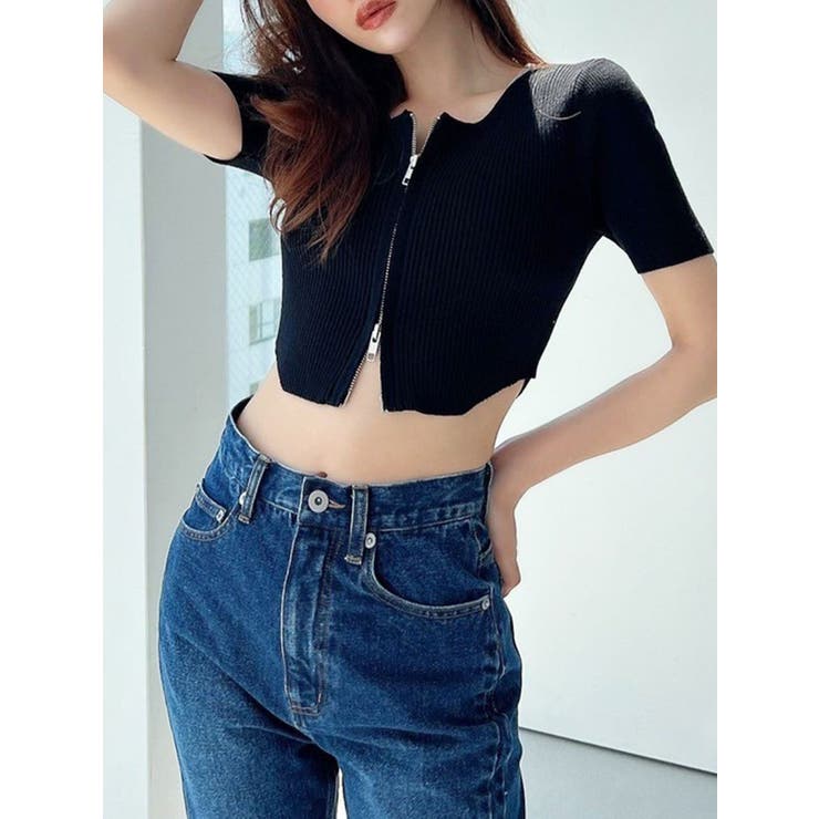 ブラック | ジップデザインクロップドニットトップス | RESEXXY