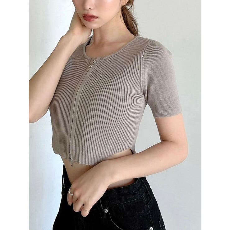 ベージュ | ジップデザインクロップドニットトップス | RESEXXY