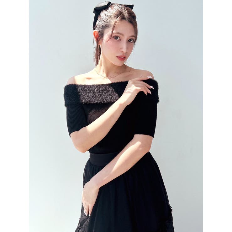 シャギーコンビオフショルニットトップス[品番：MKSW0059470