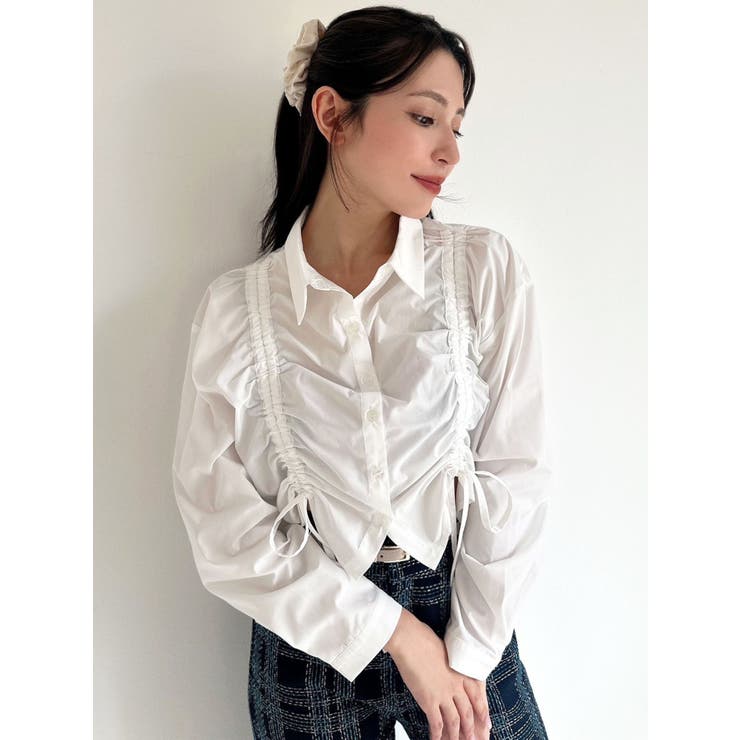 【トゥモローランド コレクション】とろみ　ブラウス　半袖　ドロスト　リボン ブラウス シャツ 「 ZOZOTOWN限定 」drawstring ribbon shirt