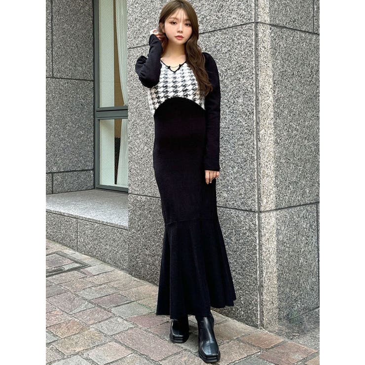 ハウンドトゥースマーメイドニットワンピース[品番：MKSW0060952