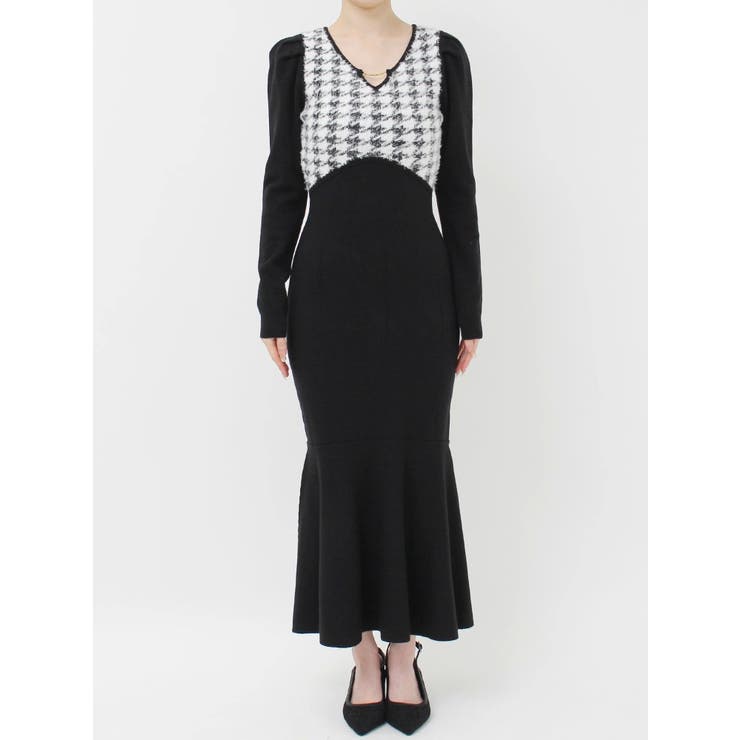 ハウンドトゥースマーメイドニットワンピース[品番：MKSW0060952