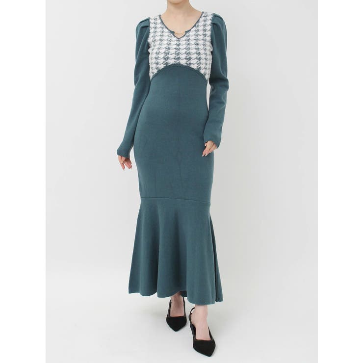 ハウンドトゥースマーメイドニットワンピース[品番：MKSW0060952