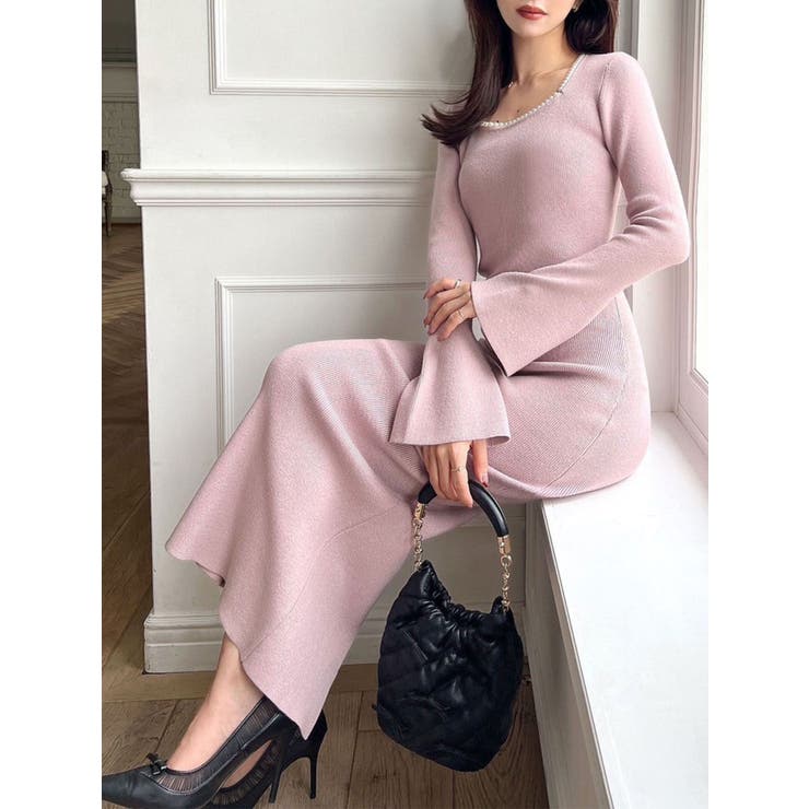 ピンク | デコルテパールニットワンピース | RESEXXY