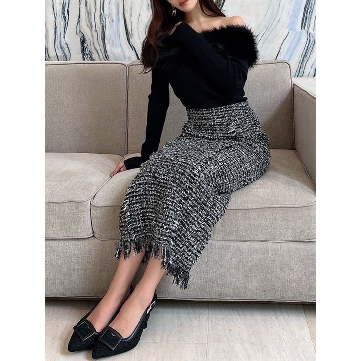 ブラック | 【WEB限定】ツイードフリンジタイトスカート | RESEXXY