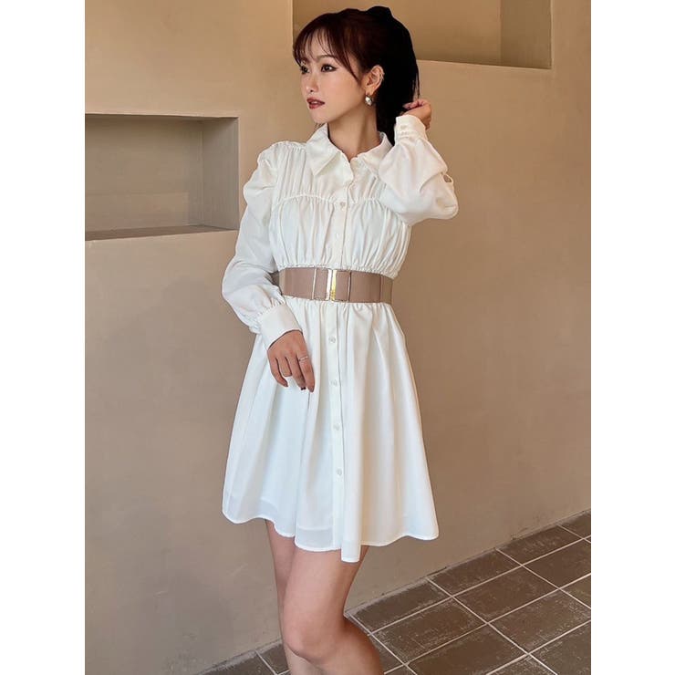 シャーリングデザインミニシャツワンピース[品番：MKSW0062564