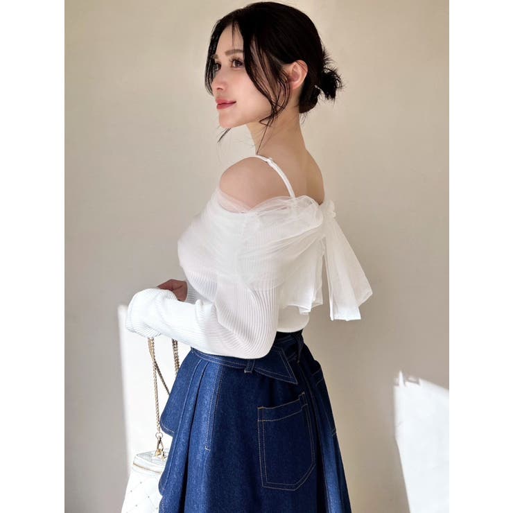 バックリボンオフショルニットトップス[品番：MKSW0063215