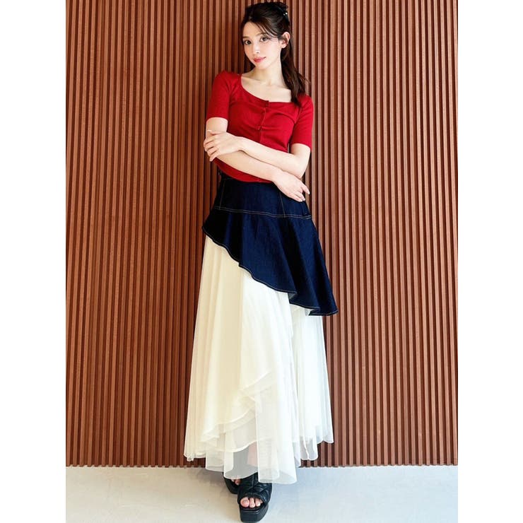 ご予約です☆モニーレ ベージュ チュールドッキングフレアスカート ロングスカート WEB限定】チュールドッキングフレアスカート[品番：MKSW0063946