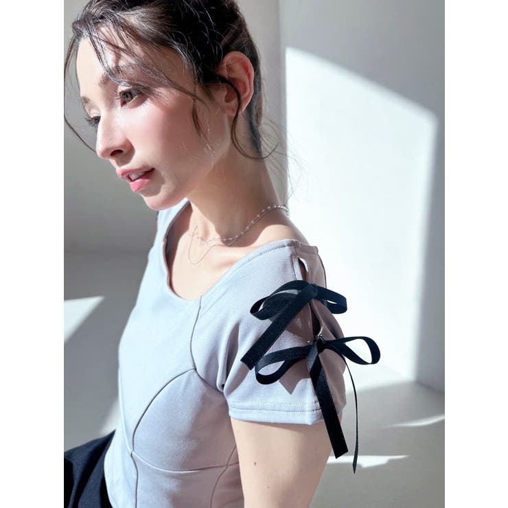 スクエアカットショルダーリボントップス[品番:MKSW0063642 スクエアカットショルダーリボントップス[品番:MKSW0063642